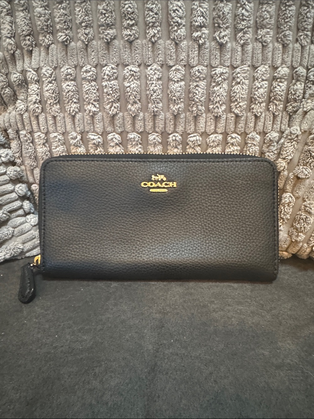 Coach Black Pebbled Leather Zip-Around Wallet with Gold Logo